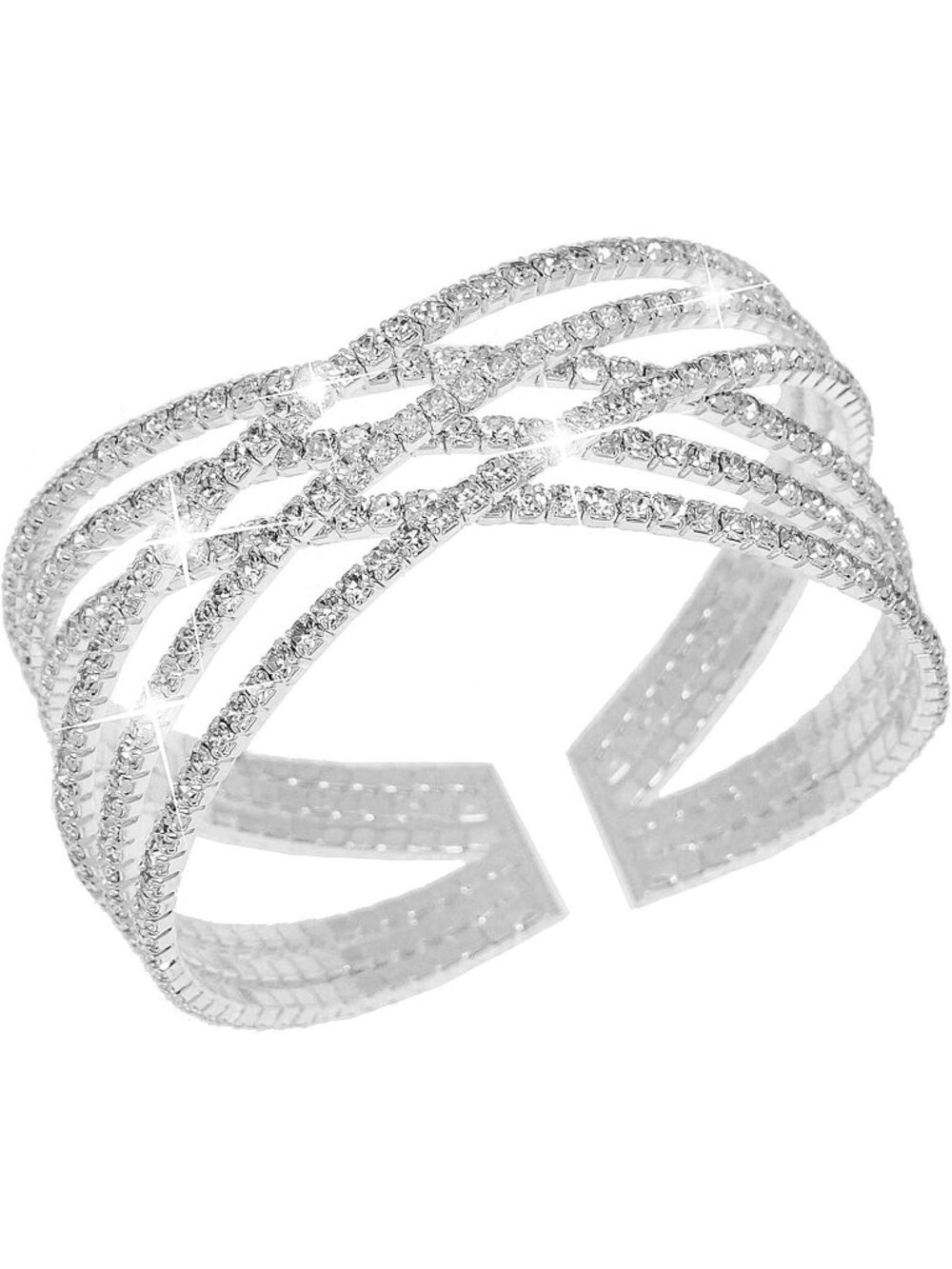 Womens Silver White Rhinestone Multilayer Cuff Crystal Bridal Statement Bracelet